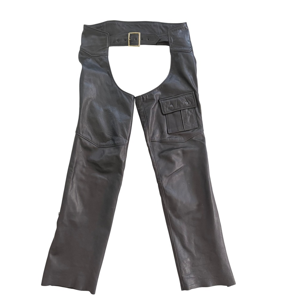 1990s Vintage USA Black Leather Motorcycle Riding Chaps Small Pocket Brooks